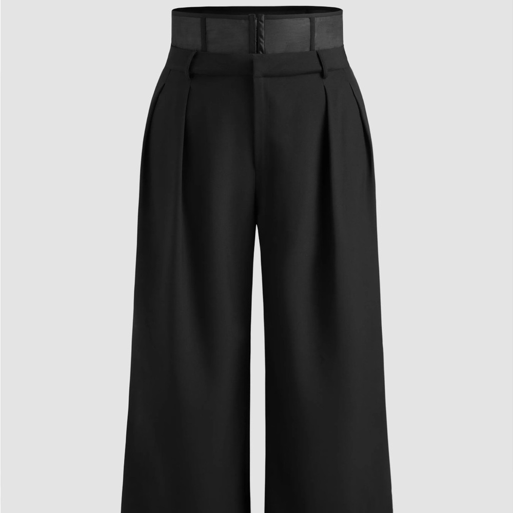 HIGH RISE SOLID CORSET BELT WIDE LEG TROUSERS CURVE & PLUS